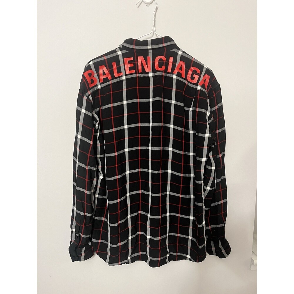 Authentic BALENCIAGA black red white viscose 2019 LOGO PLAID Button-Up Shirt